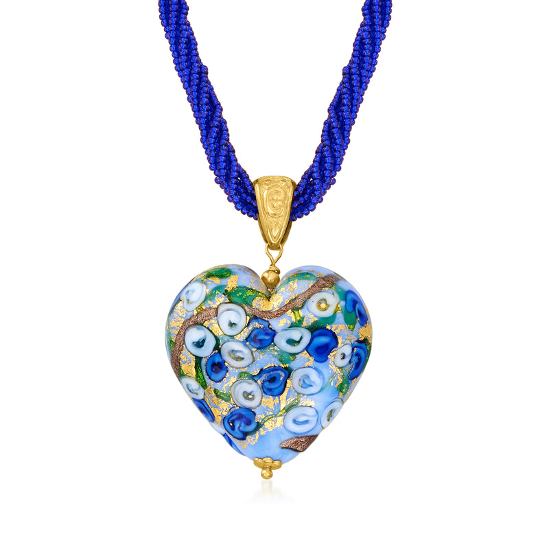 Multicolored Murano heart pendant necklace with blue beaded chain and gold heart bail