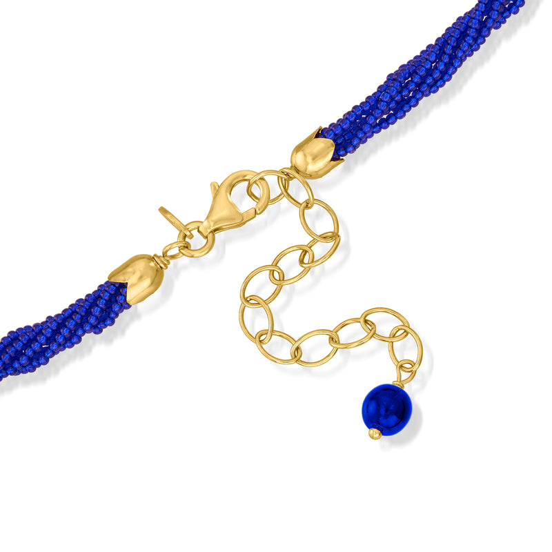 Blue beaded necklace chain with gold clasp, extension rings, and lobster closure detail