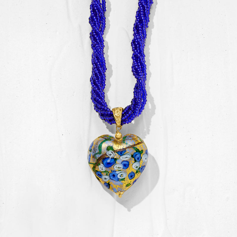 Murano heart pendant necklace with blue beaded chain and multicolored heart pendant