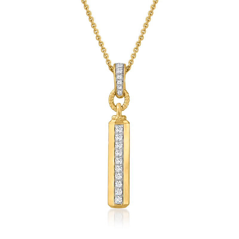 Gold bar pendant necklace with vertical diamond strip and loop bail, on a chain