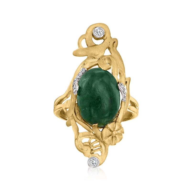 Gold-tone ring with oval green jade center and small diamond accents, openwork setting