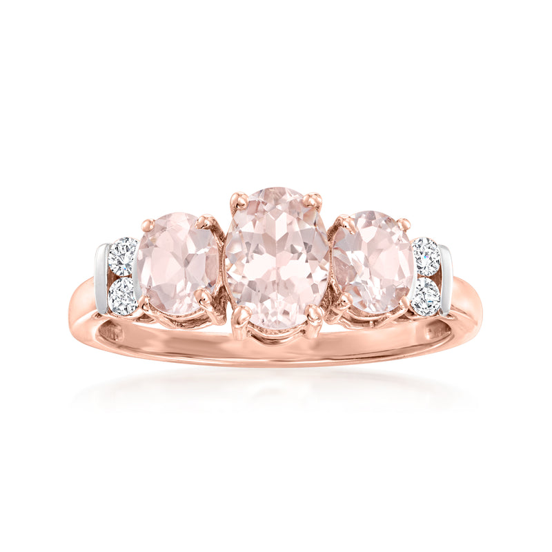 14kt rose gold ring with three oval morganite stones and small diamond accents