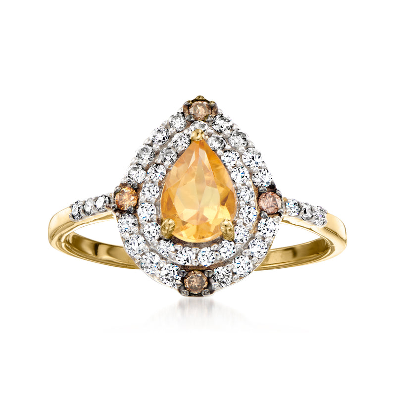 14k yellow gold ring with pear citrine center and multicolored diamond halo