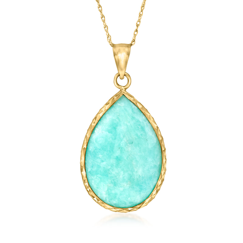 14kt yellow gold necklace with teardrop amazonite pendant in oval bezel