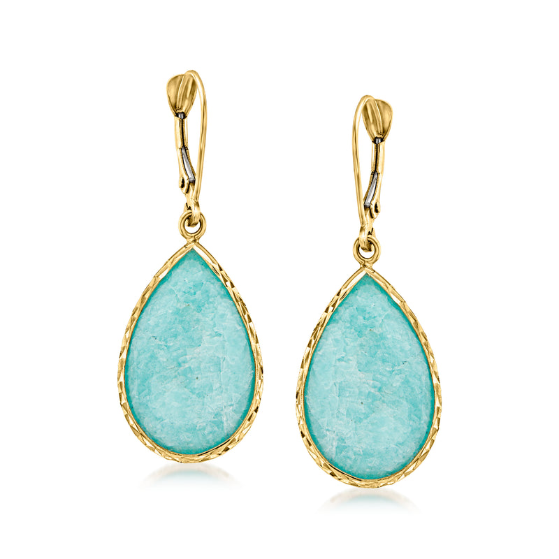 14kt yellow gold leverback drop earrings with teardrop amazonite stone