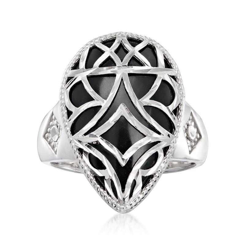 Sterling silver ring with black onyx oval and crisscross geometric lattice setting