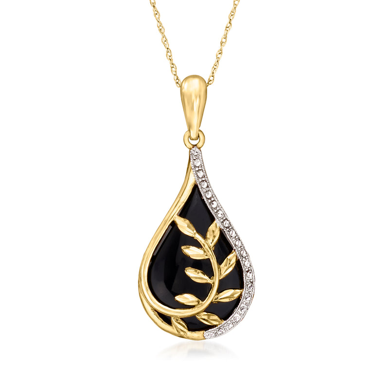Two-tone gold teardrop pendant necklace with black center leaf design and diamond border