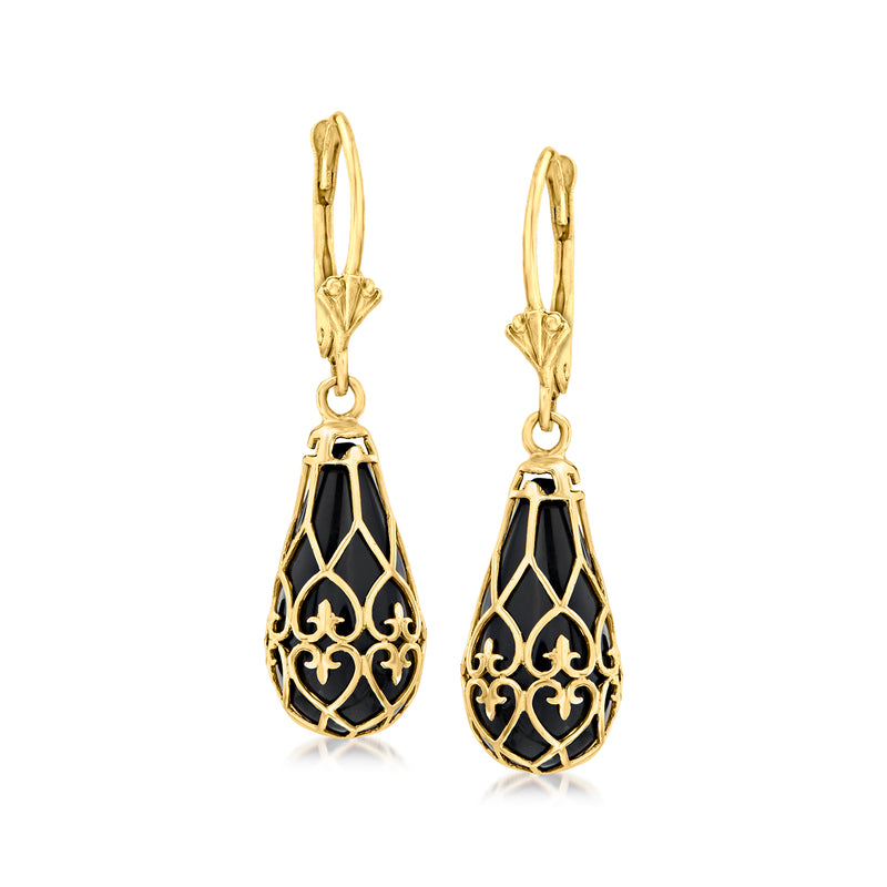 14kt yellow gold teardrop leverback earrings with black onyx gemstone details