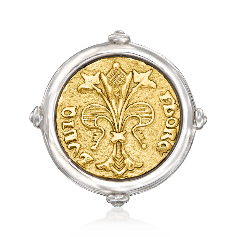 Two-tone coin-style sterling silver ring with gold medallion face and crest