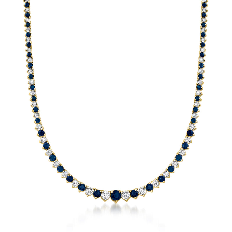18kt gold tennis necklace with dark blue sapphire stones and diamond accents