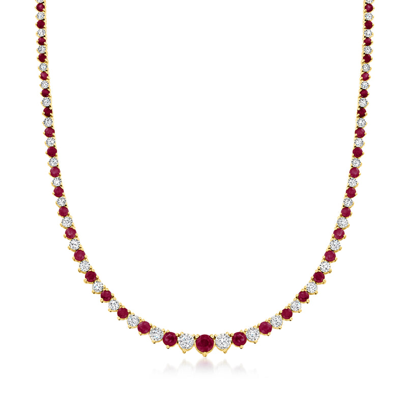 Tennis necklace with ruby and diamond stations in 18kt gold over sterling