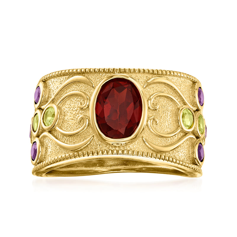Gold-tone oval red gemstone multi-stone ring with purple and green side accents.