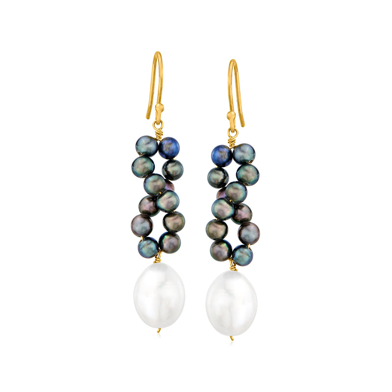 Gold drop earrings with dark iridescent pearl cluster and white pearl dangle