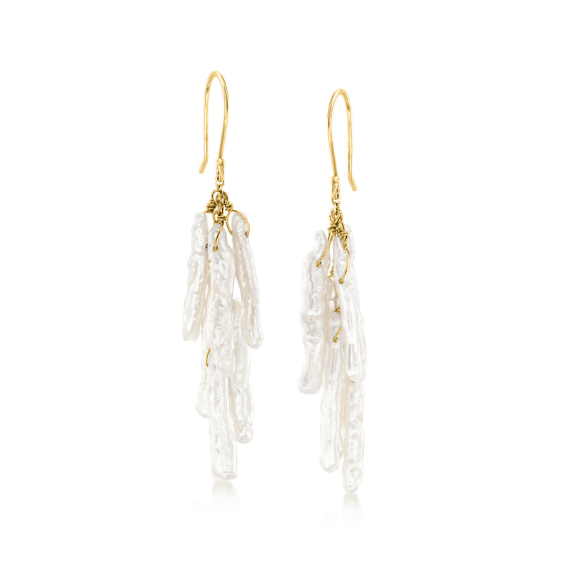 14kt yellow gold earwire baroque pearl drop earrings with dangling cultured pearls