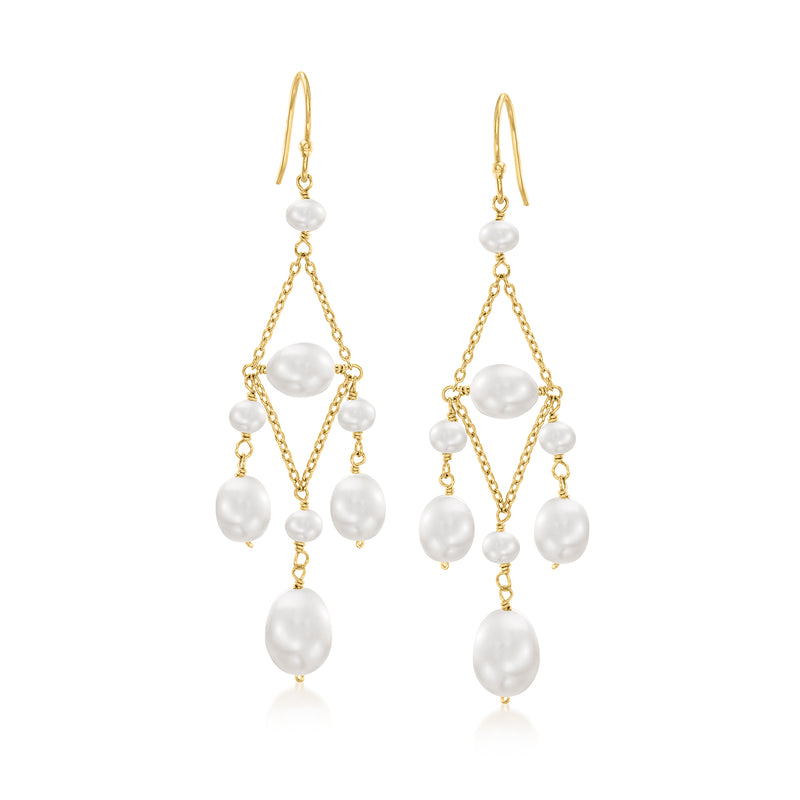 Gold chandelier earrings with earwire, featuring multiple white cultured pearl drops