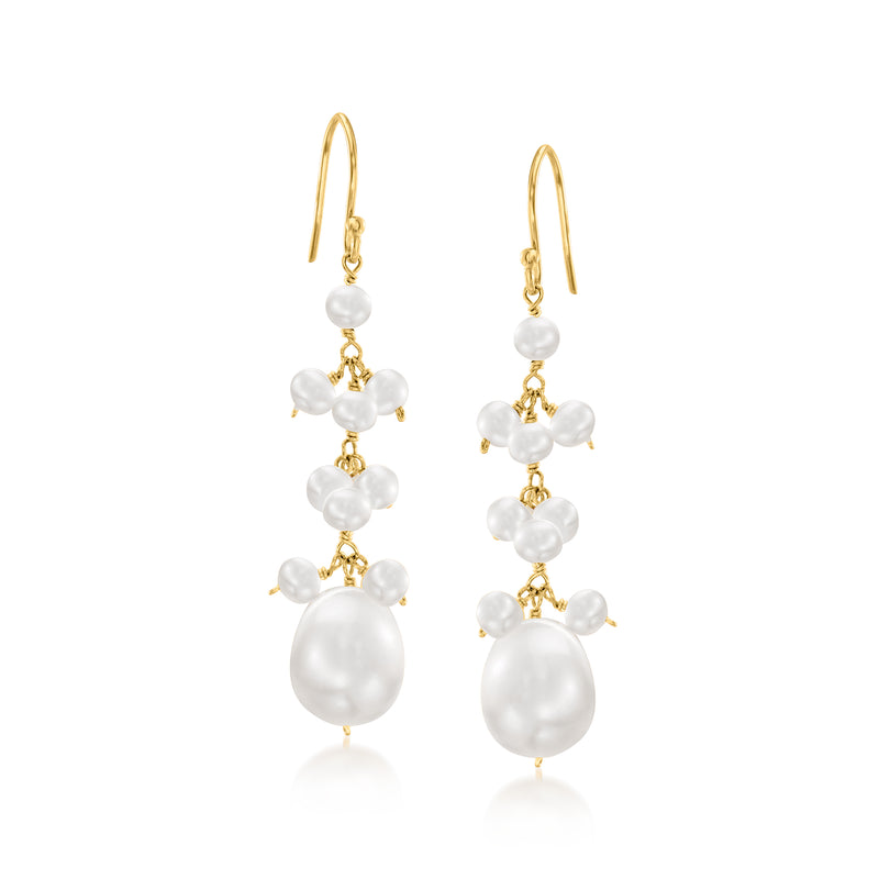 Drop earrings in 18kt gold over sterling with clustered white pearls and gold earwires