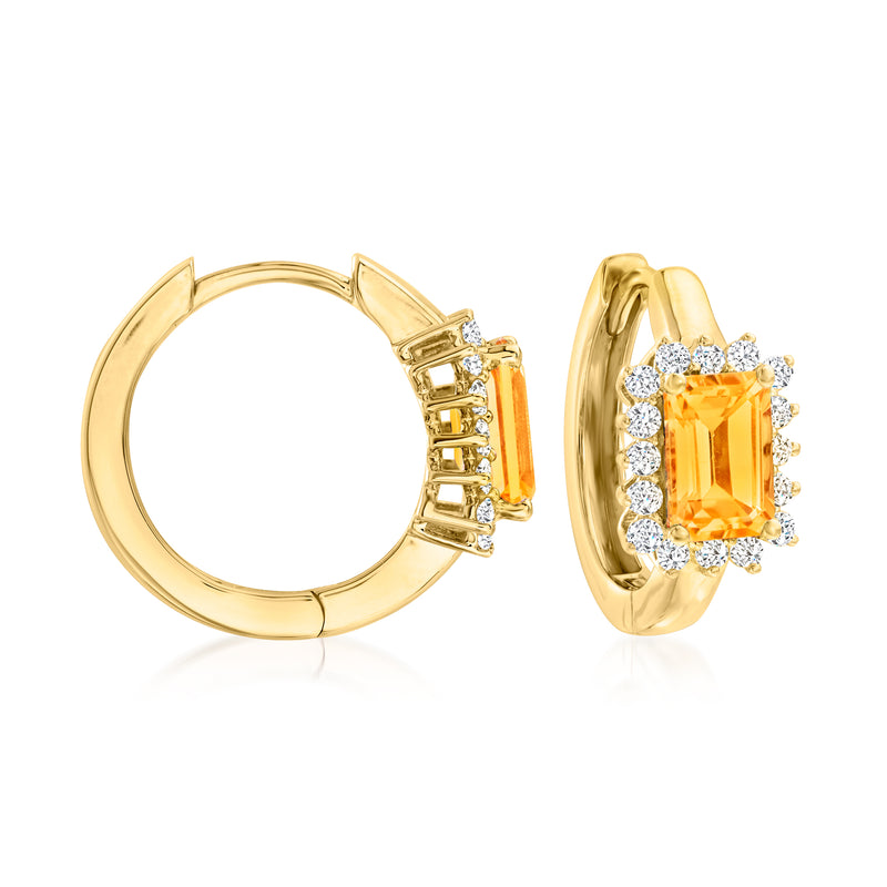 14kt yellow gold huggie hoop earrings with square orange citrine and diamond halo