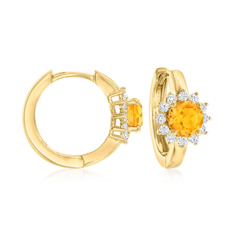 14kt yellow gold huggie hoop earrings with orange citrine and diamond accents