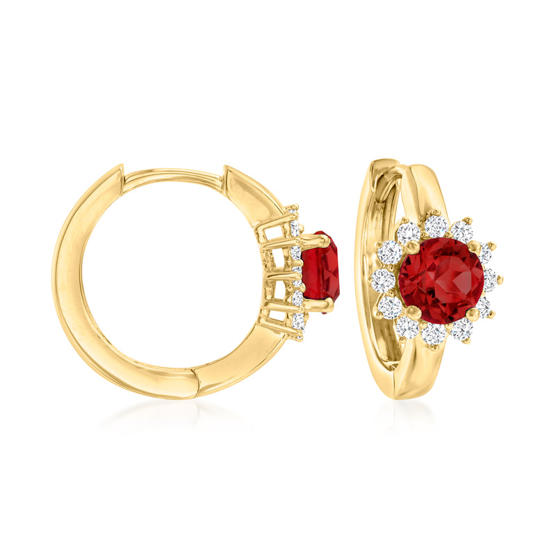 14kt yellow gold huggie hoop earrings with red garnet and diamond halo