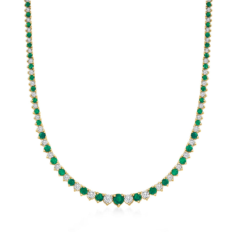 Emerald and diamond tennis necklace in gold with green oval stones