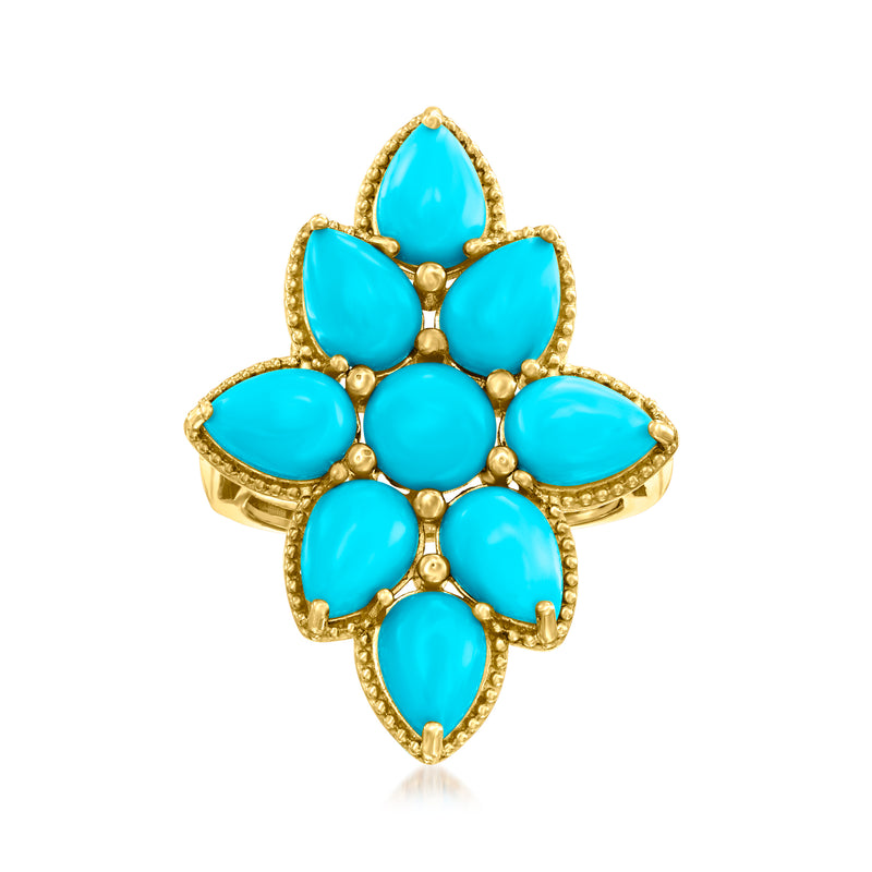 Turquoise flower ring with teardrop petals in gold over sterling, openwork band