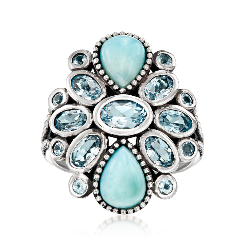 Sterling silver ring with sky-blue oval and teardrop stones, halo-style setting.