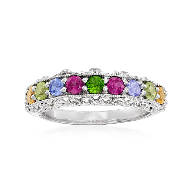 Sterling silver multi-gemstone ring with pink, blue, and green round stones, prong set