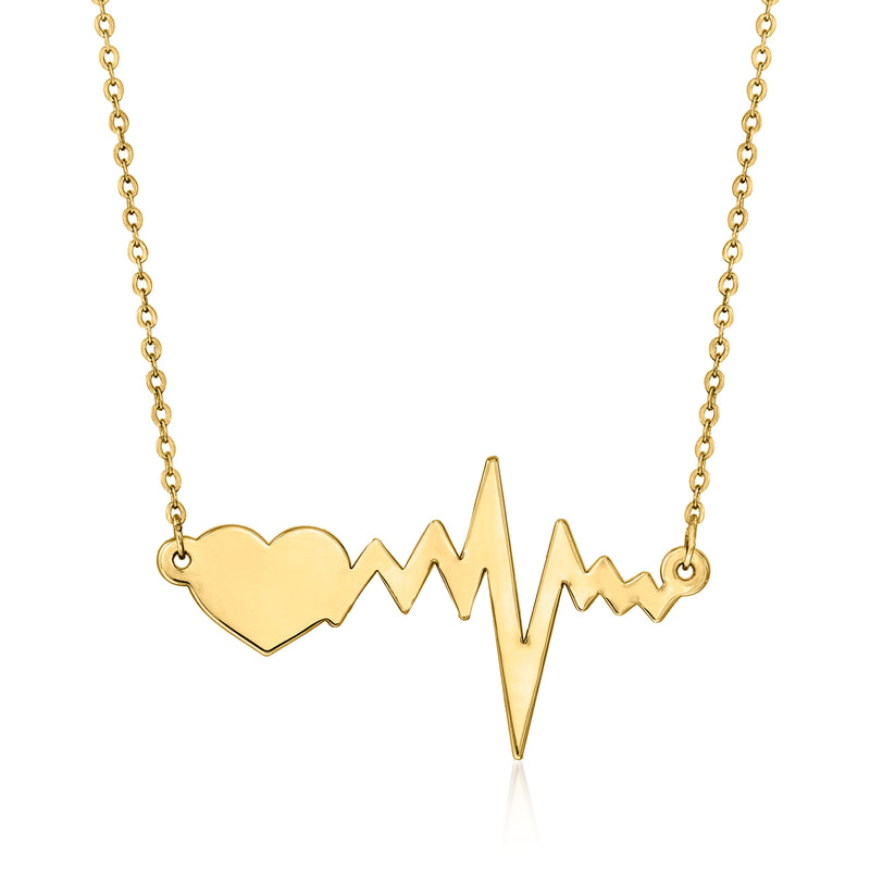 14kt yellow gold necklace with heart and heartbeat pulse pendant, cable chain