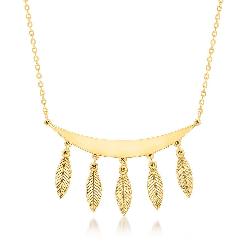 14kt yellow gold necklace with curved bar and five dangling feather charms