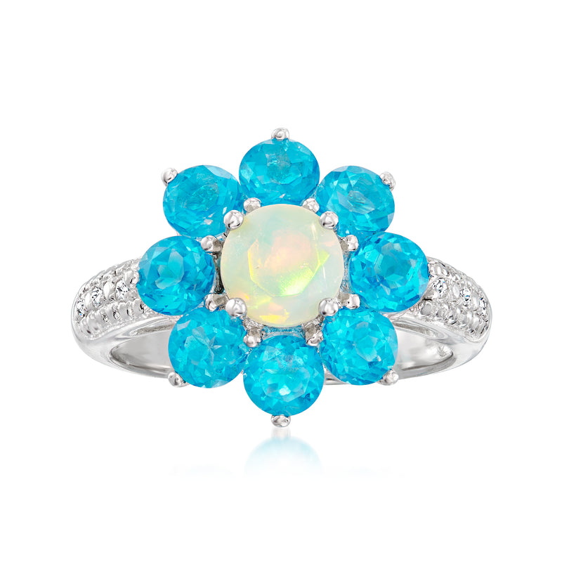 Sterling silver flower ring with opal center, blue apatite petals, white zircon accents