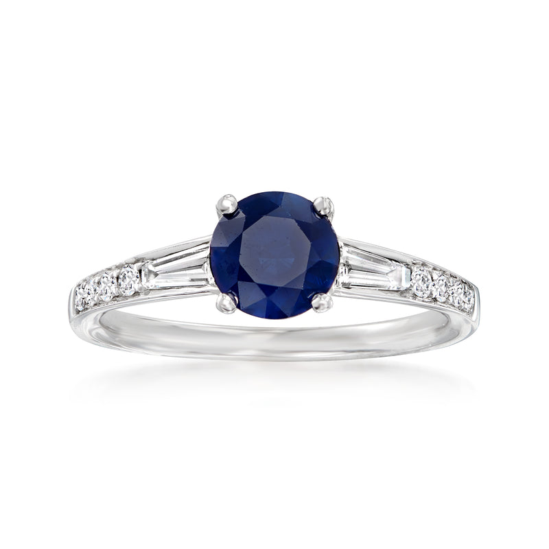 18k white gold sapphire and diamond halo ring with round blue center stone