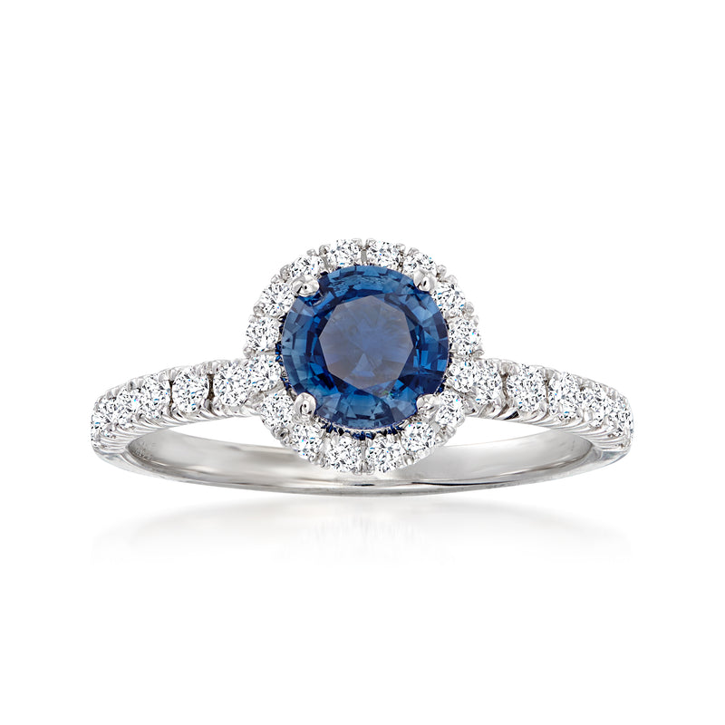 Sapphire halo ring with diamond accents in 18kt white gold