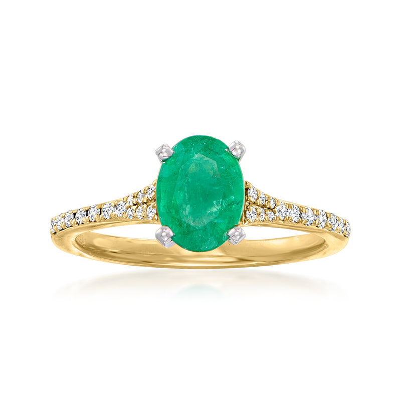 18k yellow gold emerald and diamond ring with oval green center, four-prong setting
