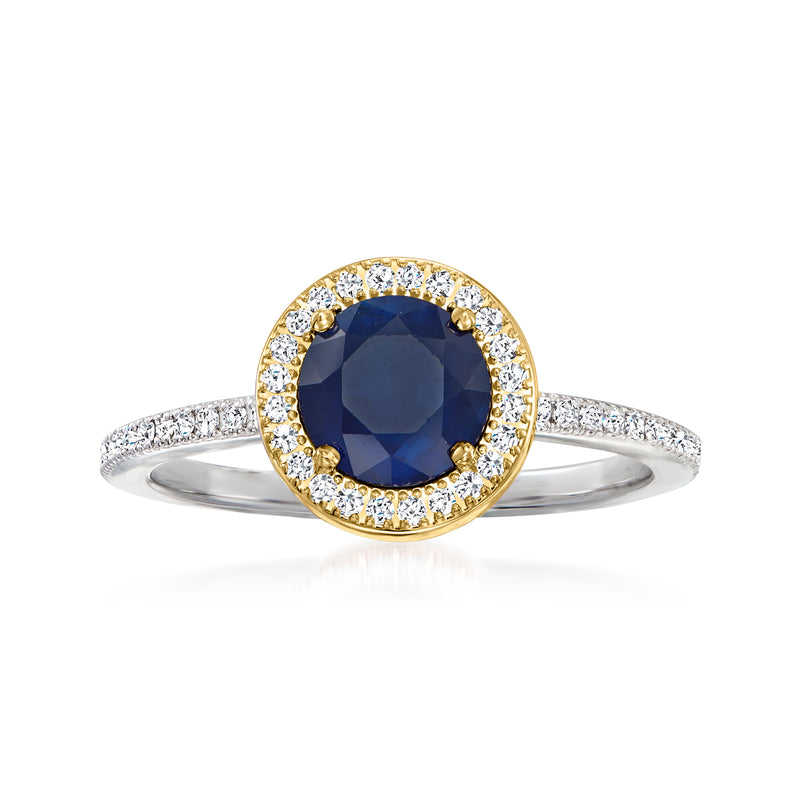 Sapphire and diamond halo ring in two-tone gold