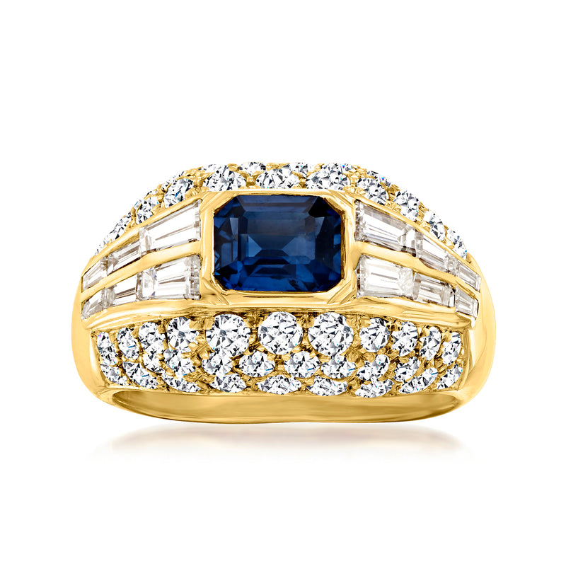 Vintage sapphire and diamond ring, 18kt yellow gold, square blue center and diamond band