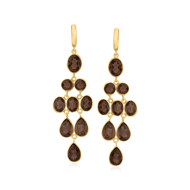 Gold-tone smoky quartz chandelier drop earrings with teardrop and round stones