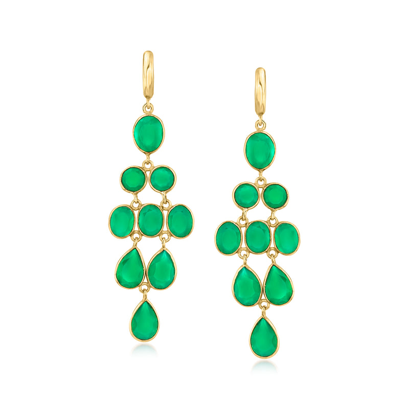 Gold-tone drop chandelier earrings with green round cabochon stones