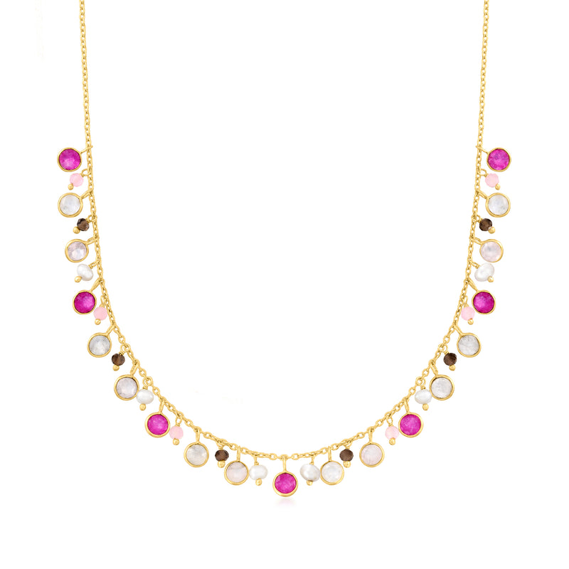 Gold over sterling multi-drop necklace with cultured pearls and pink gemstone drops