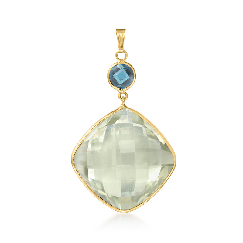 14kt yellow gold pendant with London blue topaz and prasiolite gemstone drop