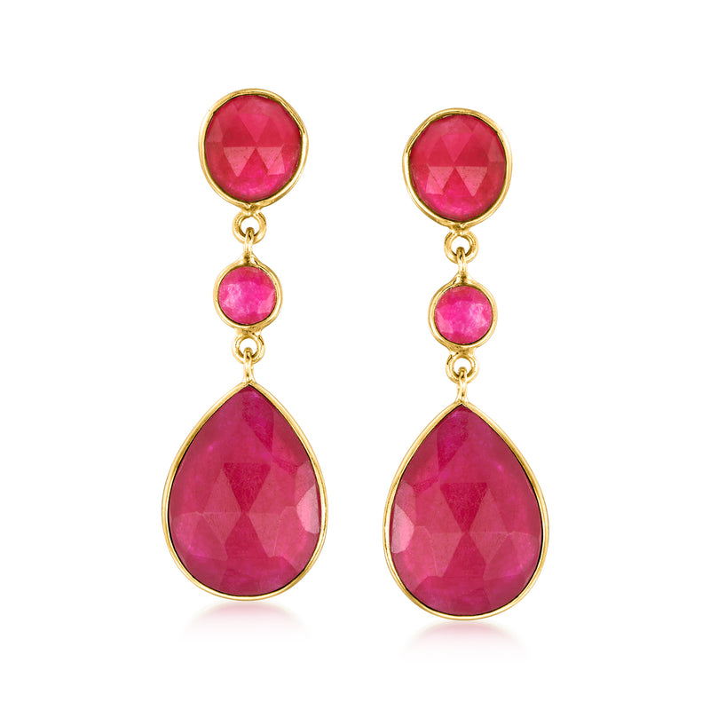 Pink quartz drop earrings in 18kt gold over sterling, three-tier pear-drop design