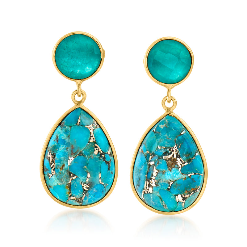 Turquoise and blue quartz drop earrings with teardrop stones, gold-tone setting