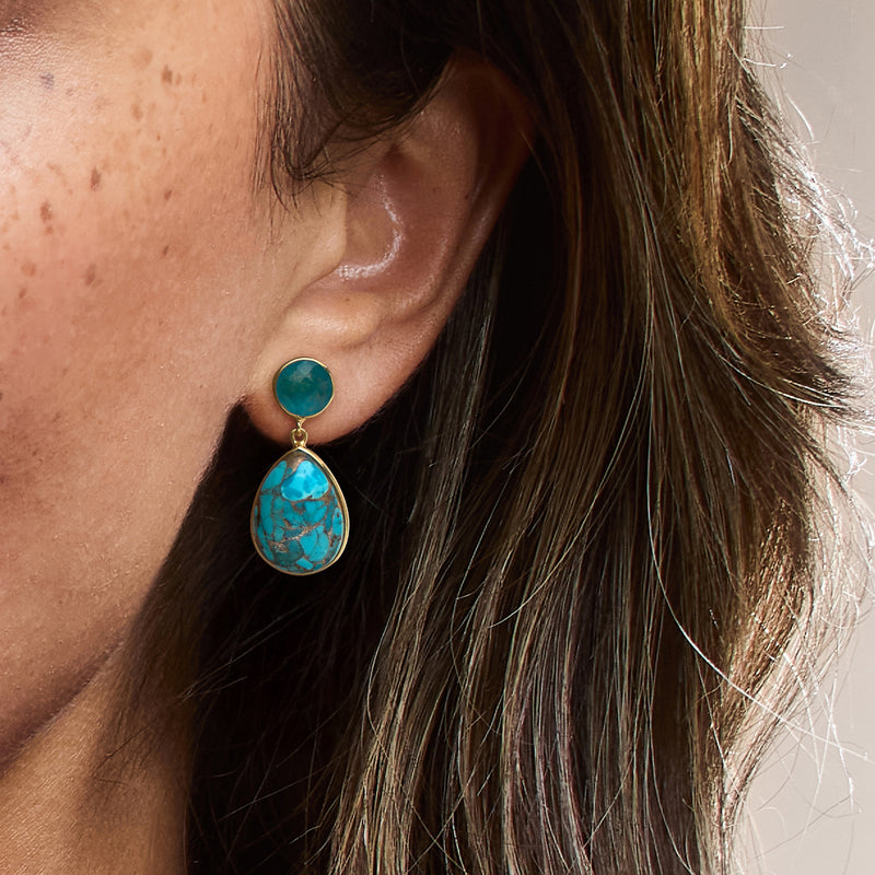Turquoise and blue quartz drop earrings on ear, gold-tone teardrop stones