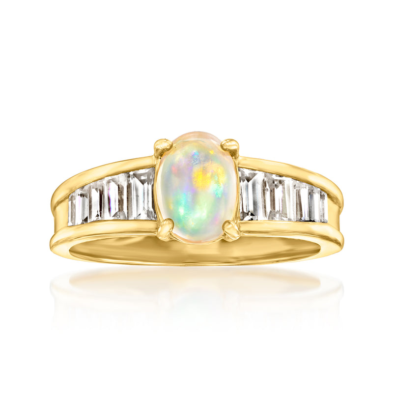 18kt gold over sterling ring with oval Ethiopian opal and baguette white zircon