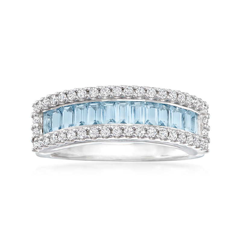 Aquamarine and white zircon ring in sterling silver with baguette center and pavé trim