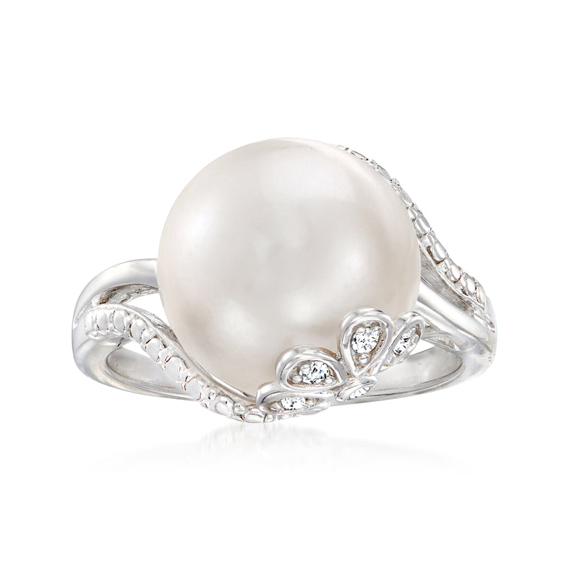 Sterling silver ring with large white cultured pearl and diamond accents, openwork setting
