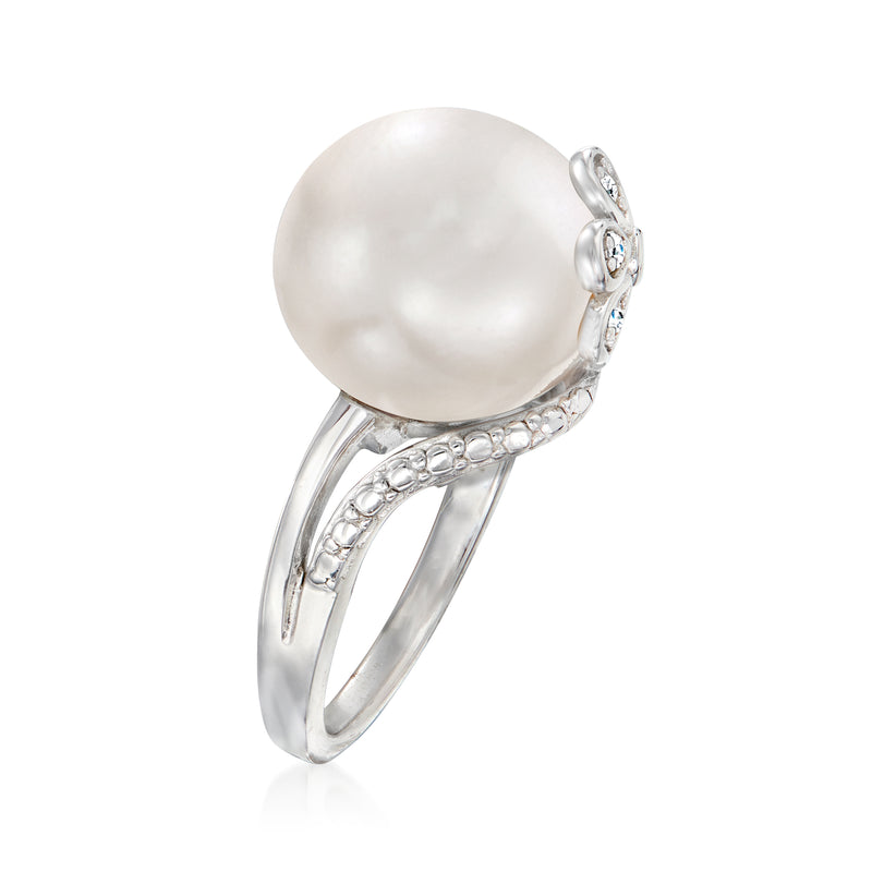 Sterling silver cultured pearl ring with white round pearl and diamond bezel details