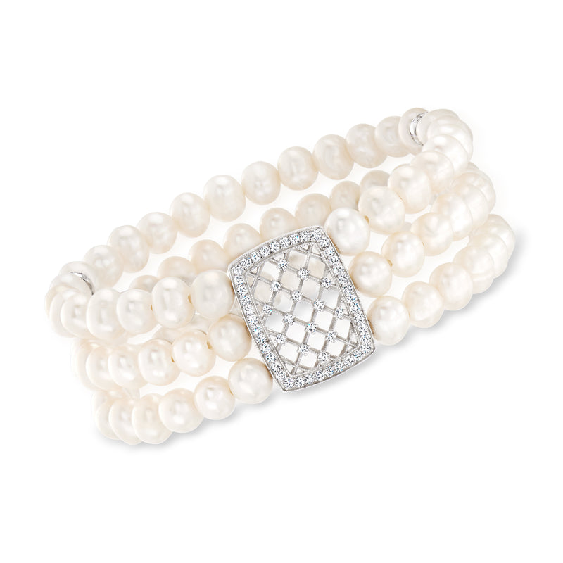 Cultured pearl stretch bracelet with silver CZ lattice square centerpiece