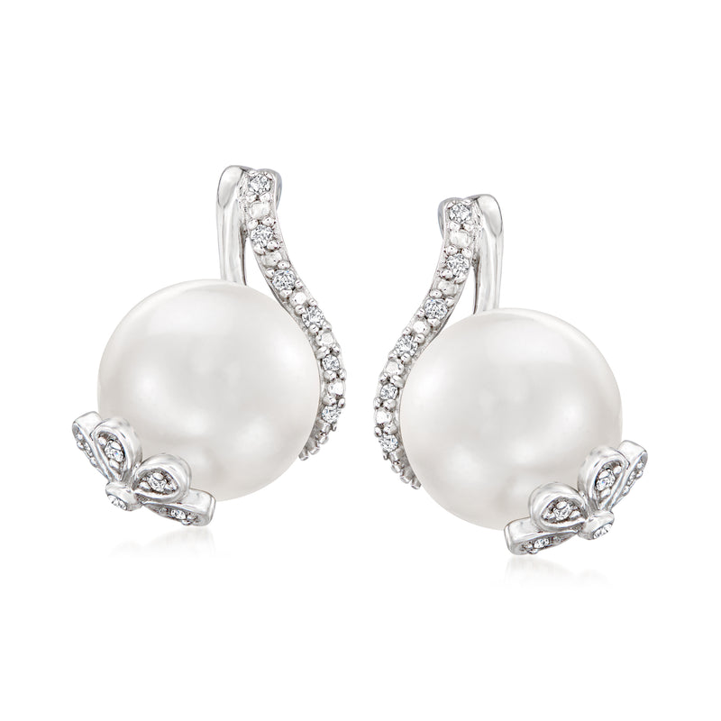 Cultured pearl and diamond floral stud earrings in sterling silver with post backs