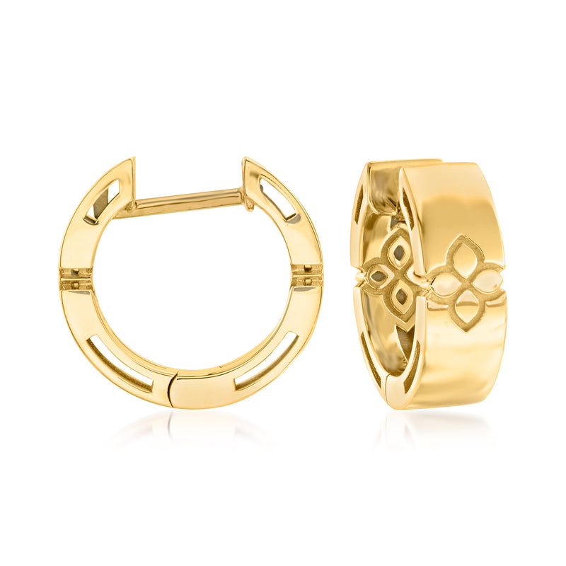 18kt yellow gold hoop earrings with carved heart-and-flower detail