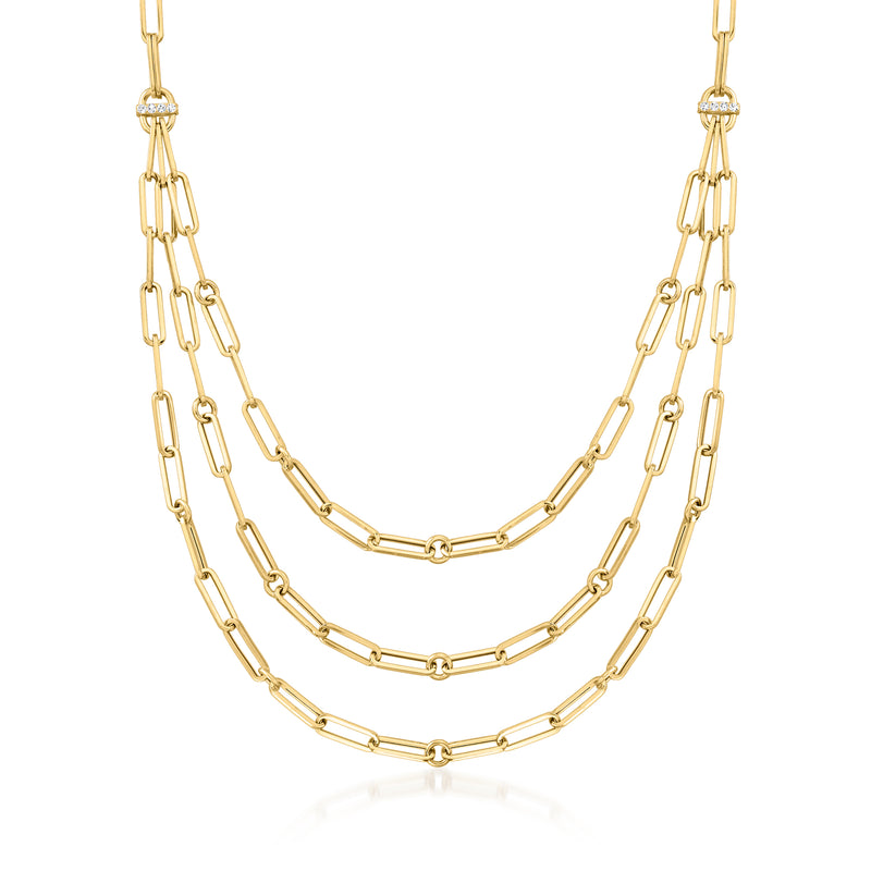 Yellow gold three-strand paper clip link necklace